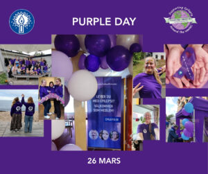 Ett kollage av bilder som visar medlemmar, barnledare och personal iklädda lila tröjor med epilepsiföreningens logotyp, det brinnande ljuset. Även ballonger i olika lila nyanser.