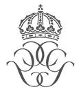 Kung Carl XVI Gustavs och Drottning Silvias monogram bestående av en kungakrona och initialerna CG i sirlig stil både rätvänt och spegelvänt inflätat i varandra