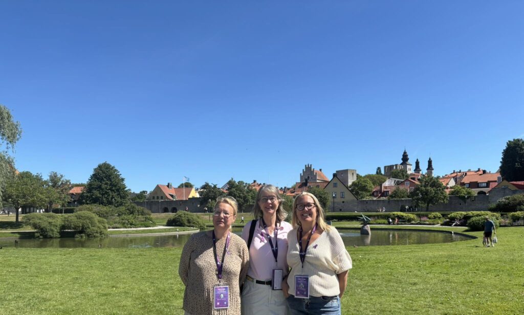 Representanter för Svenska Epilepsiförbundet står på en lysande grön gräsmatta mot en backdrop av Visby stadssiluett och en strålande blå himmel