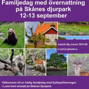 Ett kollage av bilder på djur, växter och byggnader på Skånes Djurpark mot lila bakgrund.