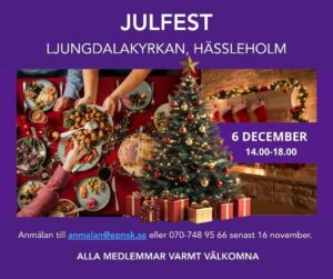 Bilden visar händer som sträcker en skål med köttbullar över ett dignande julbord. Under en klädd julgran ligger det inslagna paket, och över en eldstad hänger julstrumpor.