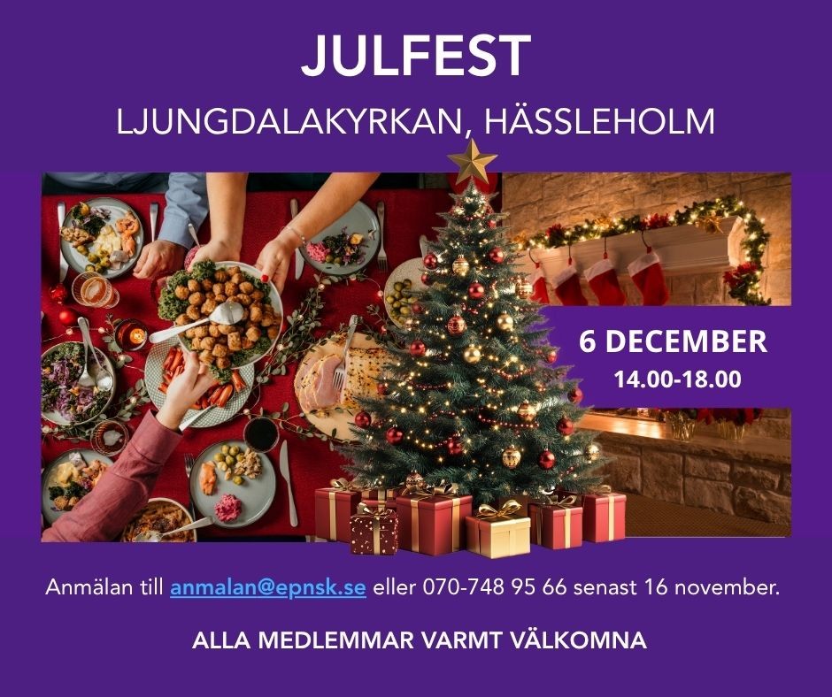 Bilden visar händer som sträcker en skål med köttbullar över ett dignande julbord. Under en klädd julgran ligger det inslagna paket, och över en eldstad hänger julstrumpor.